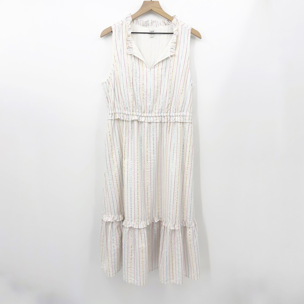 J.Crew Dress Metallic Stripe Ruffle Tiered Midi Sleeveless 14 Preppy Cottagecore